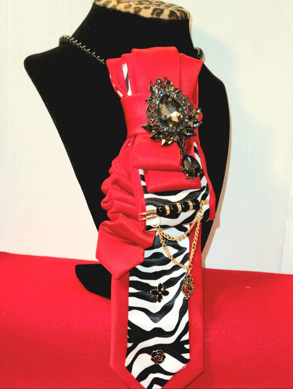 Red Zebra Statement Neck Tie with Jeweled Brooch